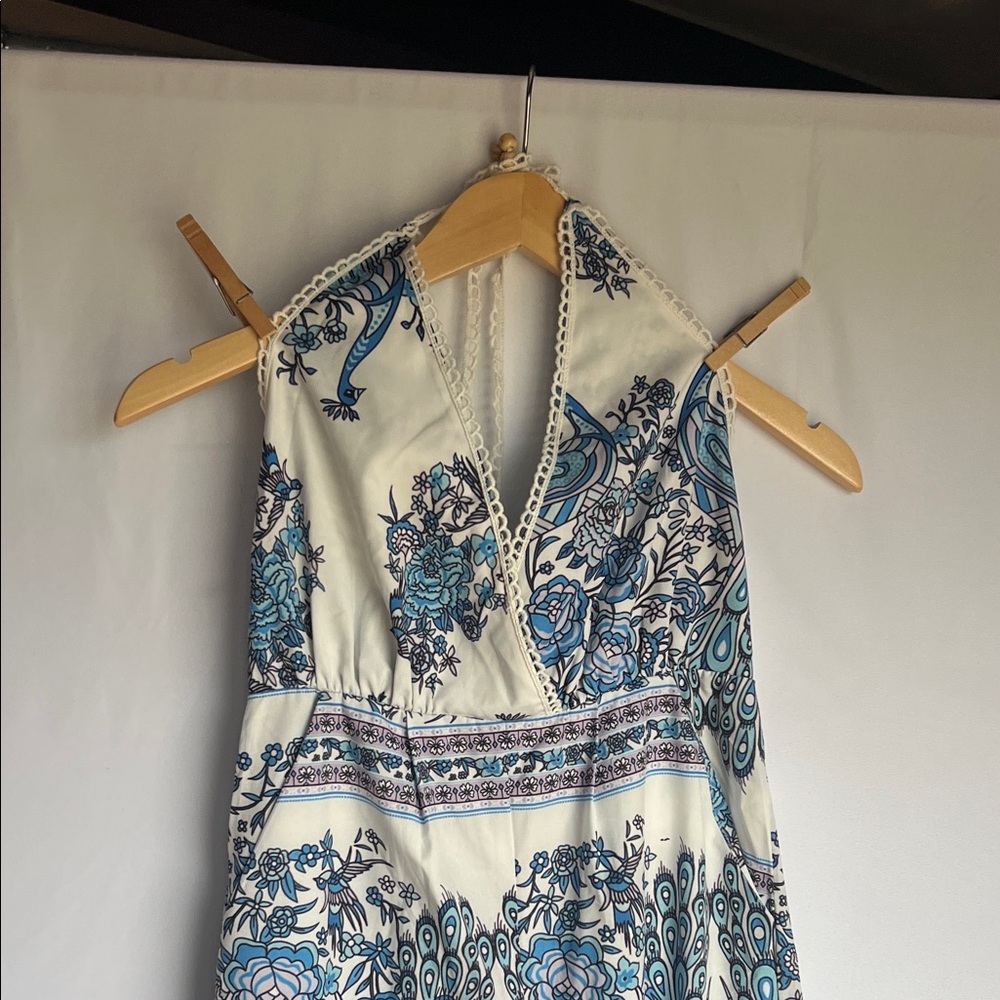 Floral Halter jumpsuit with Blue Patterns
